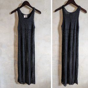 Vintage Black Crochet Pointelle Knit Slinky Maxi Tank Bohemian Dress, Size Small